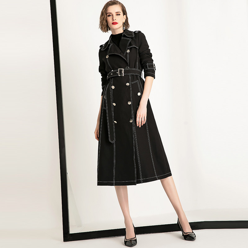 欧洲站黑色气质风衣长款2019秋冬风 aui风衣