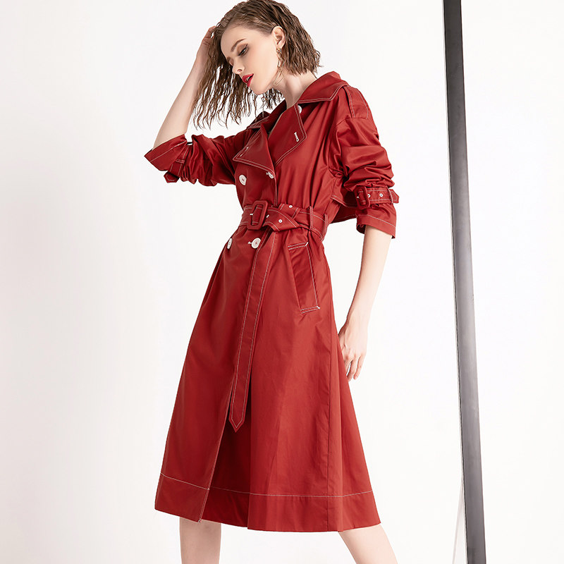 aui欧洲站红色中长款2019春秋风衣 aui风衣