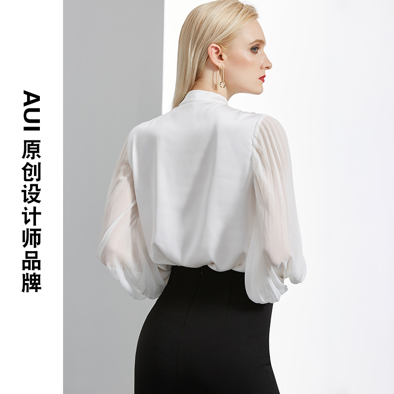 aui白色荷叶边灯笼长袖女春衬衫 aui衬衫