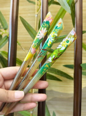 悦木坊 精美手绘 羊角 发簪 荷花免护理发簪 送礼物 礼盒装