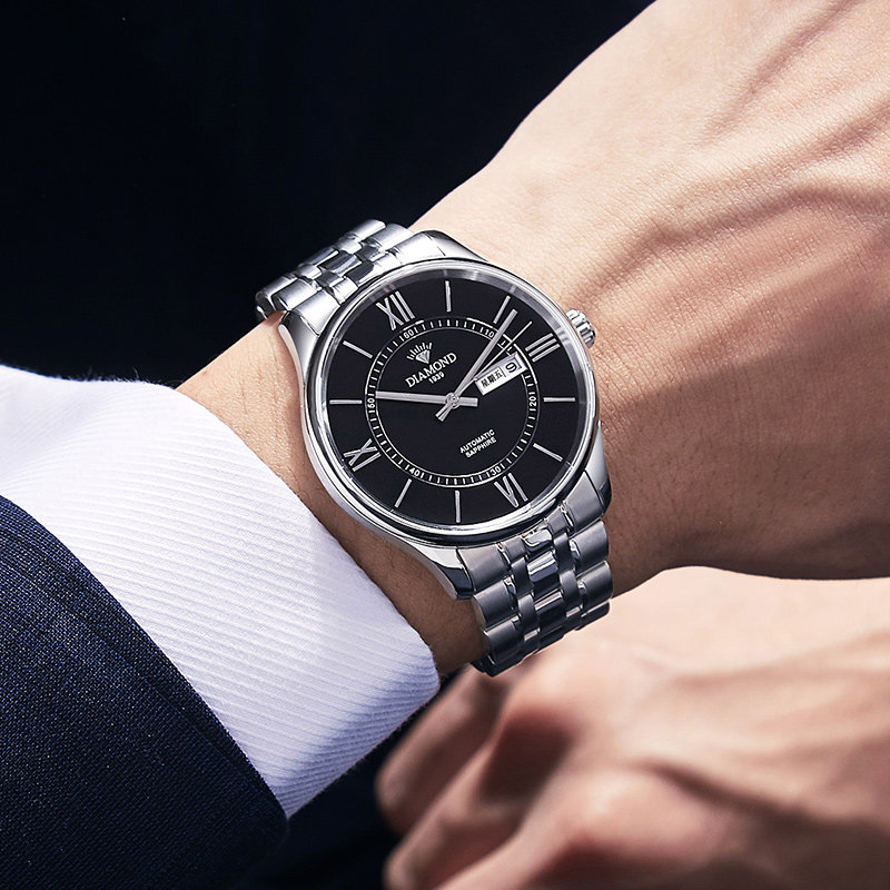 上海钻石自动精钢带商务简约机械表 钻石手表国产腕表