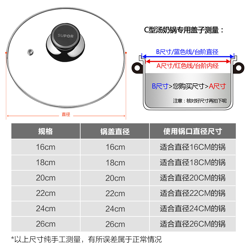 苏泊尔锅盖家用钢化玻璃20/22cm耐高温不锈钢汤奶锅蒸锅透明盖子 - 图0