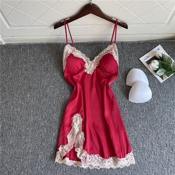 Ice Silk Pajamas Women's Summer Sexy Suspender Nightgown with Breast Pad Thin Irregular Lace V-Neck 2022 New Style