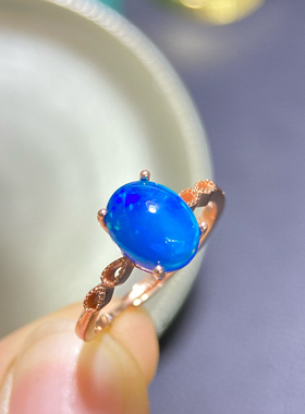 炫彩蓝欧泊戒指绝美显白火彩主石7*9mmS925银精工镶嵌
