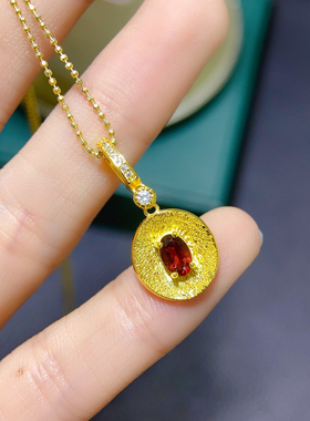 银镀18K金镶嵌天然石榴石吊坠轻奢贵气高级感红色宝石吊坠送礼物