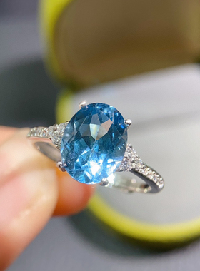 天然伦敦蓝托帕石戒指 s925银简约大气款宝石指环女可调节8*10mm