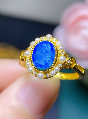 炫彩蓝欧泊戒指，绝美显白，主石6*8mm，S925银精工镶嵌