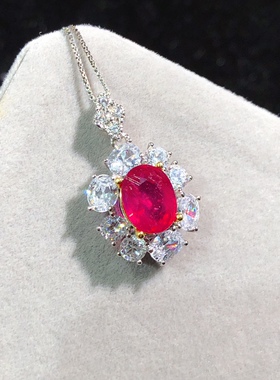 泰国宝石新烧红宝石吊坠，晶体全净火彩爆闪，S925银精工镶嵌7*9