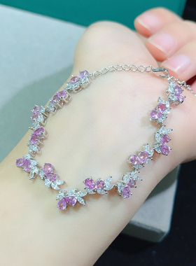 帕帕啦恰粉色蓝宝石手链满火彩主石3*4mm925银电镀白金厚重用银