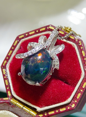 新款天然黑绿欧泊石吊坠925银精工镶嵌开口泰银吊坠纯银男女同款