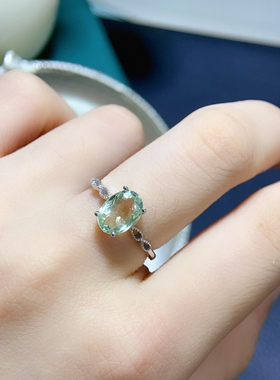 s925纯银镶嵌天然碧玺戒指绿碧玺时尚简约清新百搭活口戒托女