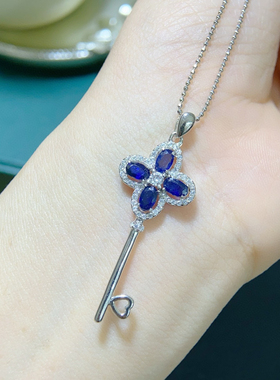 s925银镀金镶嵌天然蓝宝石四叶草吊坠项链锁骨链时尚百搭女款