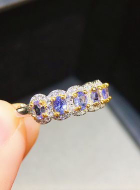 银镶天然坦桑石戒指 主石尺寸3*4MM特惠开口戒指 简约精致