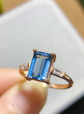 天然伦敦蓝托帕石戒指 925银精工镶嵌 主石方7*9mm开口公主方戒指