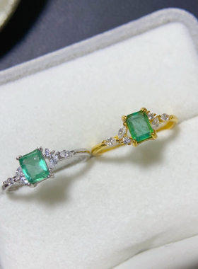 天然沃顿祖母绿戒指女银镀18K金镶彩色宝石珠宝首饰