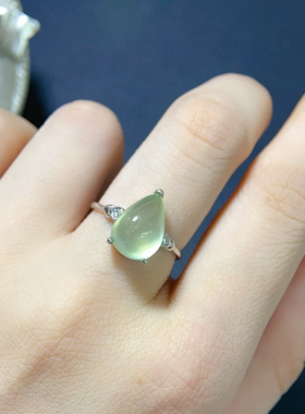 天然金葡萄石戒指 冰种起荧光晶体干净925银精工镶嵌9*11mm