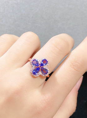 纯天然坦桑石吊坠戒指 套装5A级宝石4*6925银精工镶嵌厚重用银