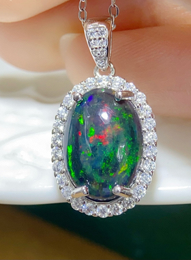 超大颗粒澳洲黑欧泊天然超美欧泊吊坠火彩满满衬肤925银精工镶嵌