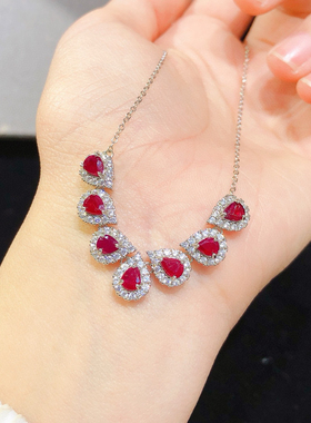 天然红宝石吊坠女银镀18K金彩色宝石项链 微笑链红宝石锁骨链