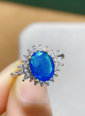 炫彩蓝欧泊戒指绝美显白主石7*9mm S925银精工镶嵌天然欧泊可鉴定