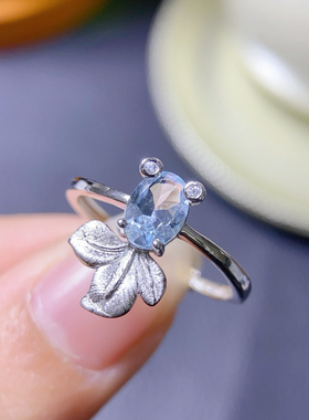 925银镶天然海蓝宝圣玛利亚戒指女款开口可调节时尚个性简约百搭