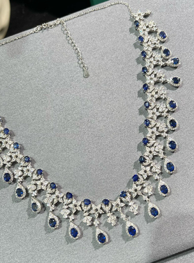 天然斯里兰卡蓝宝石套链项链 925银豪华款项链 项链空托 大气