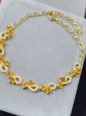 巴西黄水晶手链3mm超闪几何款S925纯银镀18k黄金玫瑰金色