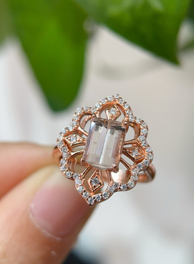 天然摩根石指环戒指开口切割戒指欧美925银轻奢新款百搭精工