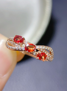 轻奢时尚超闪橙红色天然蓝宝石戒指洋气高贵S925纯银镶嵌现货福利
