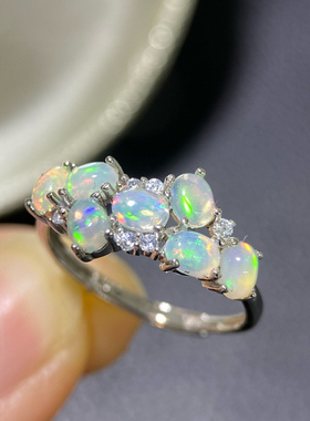 s925银镀金戒指天然欧泊3*4mm时尚百搭镶嵌欧泊石白欧泊戒面