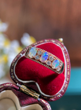 天然炫彩欧泊戒指女s925纯银镶嵌火彩爆闪颜色好晶体通透支持检测