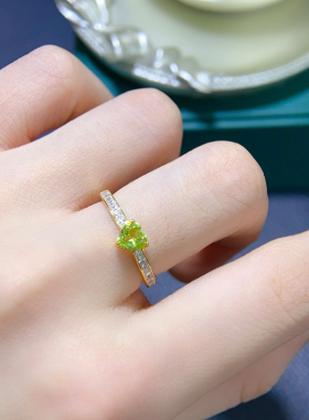 高贵绿简单S925银镶嵌天然橄榄石戒指高净度主石6mm轻奢百搭