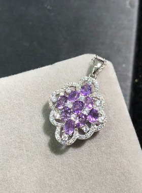 纯天然紫水晶吊坠粉嫩通透5 A级宝石3*4mm925银镶嵌厚重用银