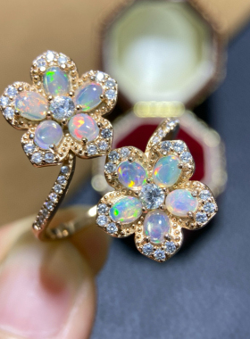 925银镶天然欧泊戒指双头梅花戒指 精美时尚 宝石首饰