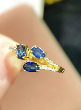 天然蓝宝石戒指 女 3*5mm单颗蓝宝石 银镀18K金镶嵌小清新风格