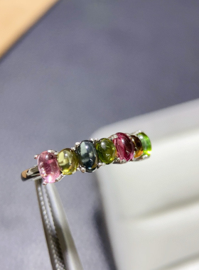 天然碧玺戒指女银镀18k金镶嵌彩色宝石时尚个性小众设计感指环