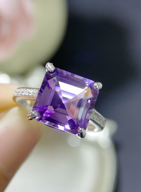 天然紫水晶戒指女银镀18k金镶嵌钻石时尚个性简约大方气质百搭