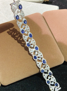 超闪时尚奢华斯里兰卡蓝宝石手链潮流新款精致轻奢天然 s925银镶