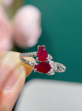 s925银镶嵌天然红宝石指环精美上手超赞鸽血红红宝石女戒时尚简约