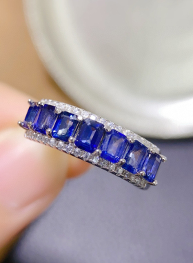 天然蓝宝石戒指S925银精工镶嵌3*4mm母亲节礼物