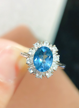 925银镶天然蓝托帕石戒指精致简约款设计戒指超深的伦敦蓝