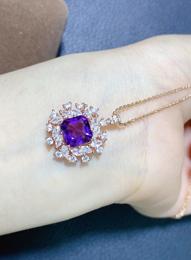 纯银镶嵌天然紫水晶吊坠S925纯银女枕形方形8MM镶嵌宝石