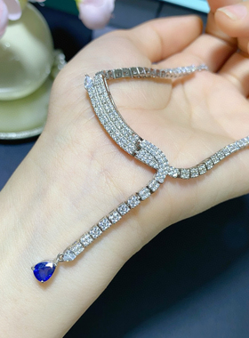 银镀18K白金天然蓝宝石项链女款钻石吊坠锁骨链彩宝颈饰珠宝定制