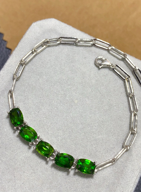 天然透辉石手链，晶体全净火彩爆闪，S925银精工镶嵌5*7mm