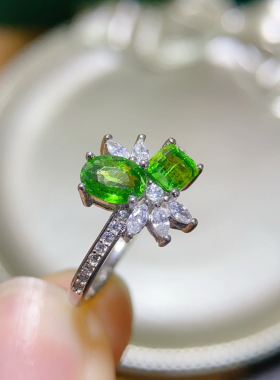 新款天然沙弗莱戒指925银镀金镶嵌开口戒指小清新个性