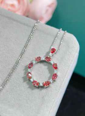 银饰吊坠天然红色蓝宝石圆形时尚百搭镶嵌红宝石蓝宝