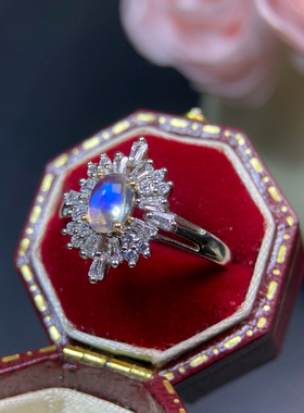 天然月光石戒指精品蓝月光玻璃体微棉强蓝光活口银精工镶嵌4*6mm