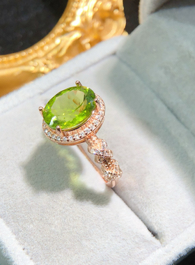 s925银饰戒指橄榄石椭圆形9*11mm时尚简约清新百搭镶嵌