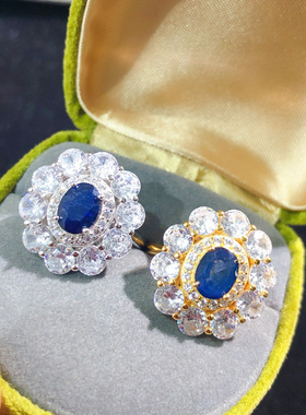 大克拉天然蓝宝石戒指女开口银镀18K金镶嵌钻石彩宝戒指现货