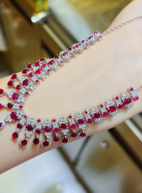 大克拉天然鸽血红宝石套链项链s925银奢华群镶超多颗粒搭配晚礼服